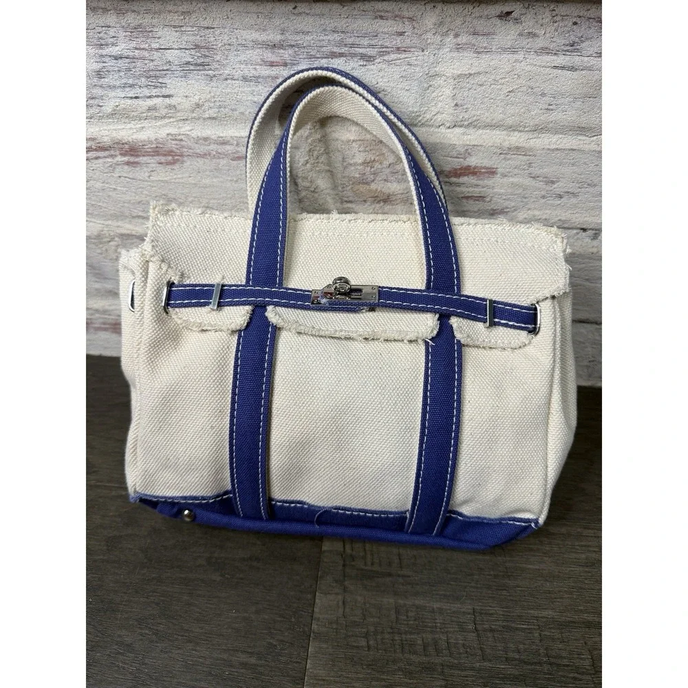 Sunwin Madaket Classic Tote Bag Canvas Natural with Blue Trims Silver